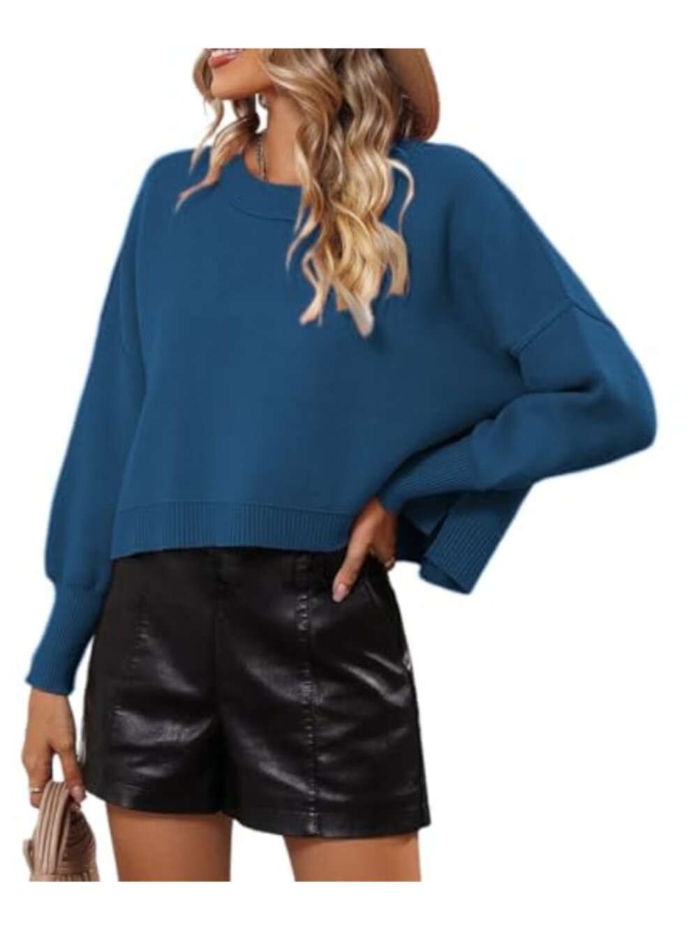 Women's Cropped Knit Pullover Sweater Loose Casual Crew Neck Long Sleeve